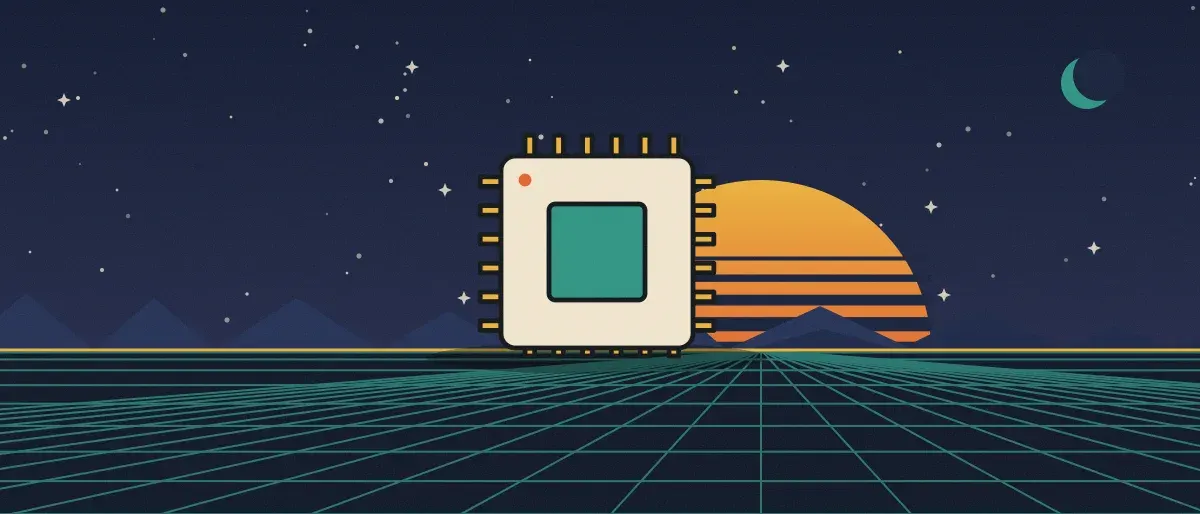Ilustración retrofuturista: un atardecer a rayas sobre un horizonte de cuadrícula turquesa bajo un cielo nocturno estrellado, con un microchip sobre el horizonte.