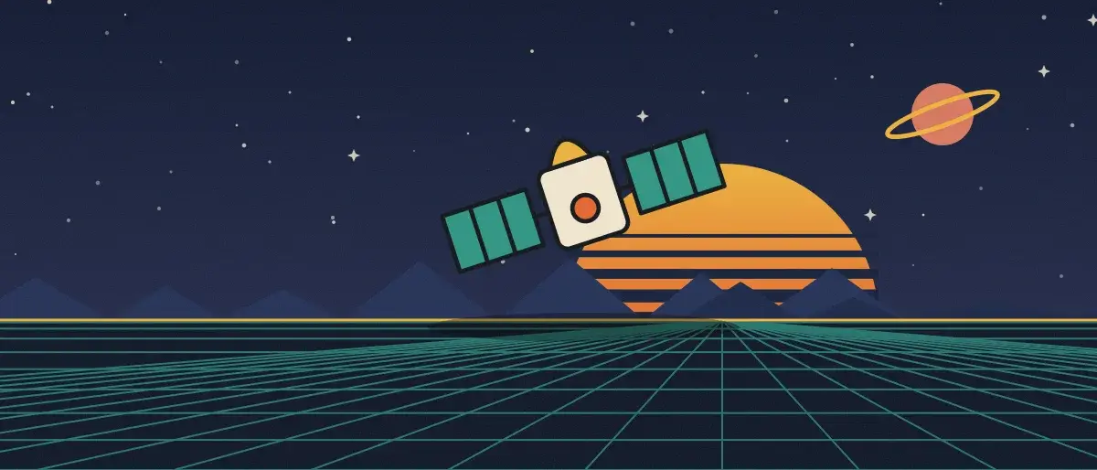 Ilustración retrofuturista: un atardecer a rayas sobre un horizonte de cuadrícula turquesa bajo un cielo nocturno estrellado, con un satélite sobre el horizonte.