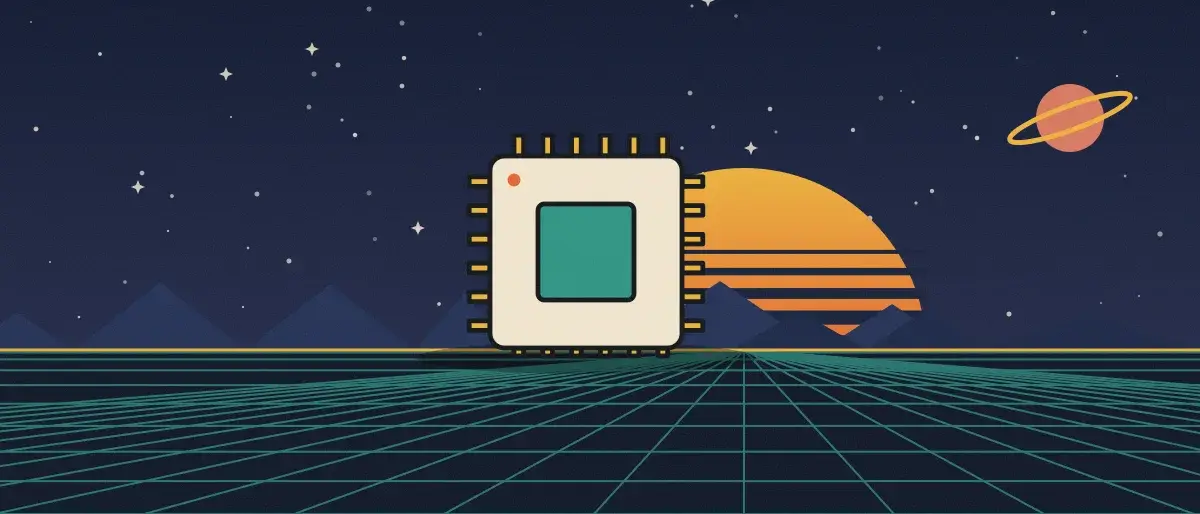 Ilustración retrofuturista: un atardecer a rayas sobre un horizonte de cuadrícula turquesa bajo un cielo nocturno estrellado, con un microchip sobre el horizonte.