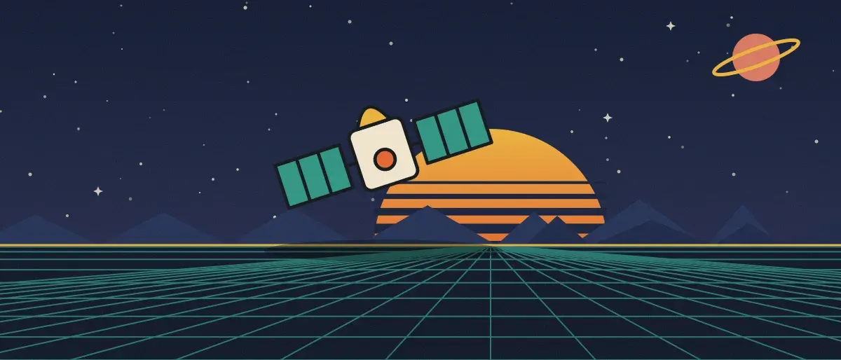 Ilustración retrofuturista: un atardecer a rayas sobre un horizonte de cuadrícula turquesa bajo un cielo nocturno estrellado, con un satélite sobre el horizonte.