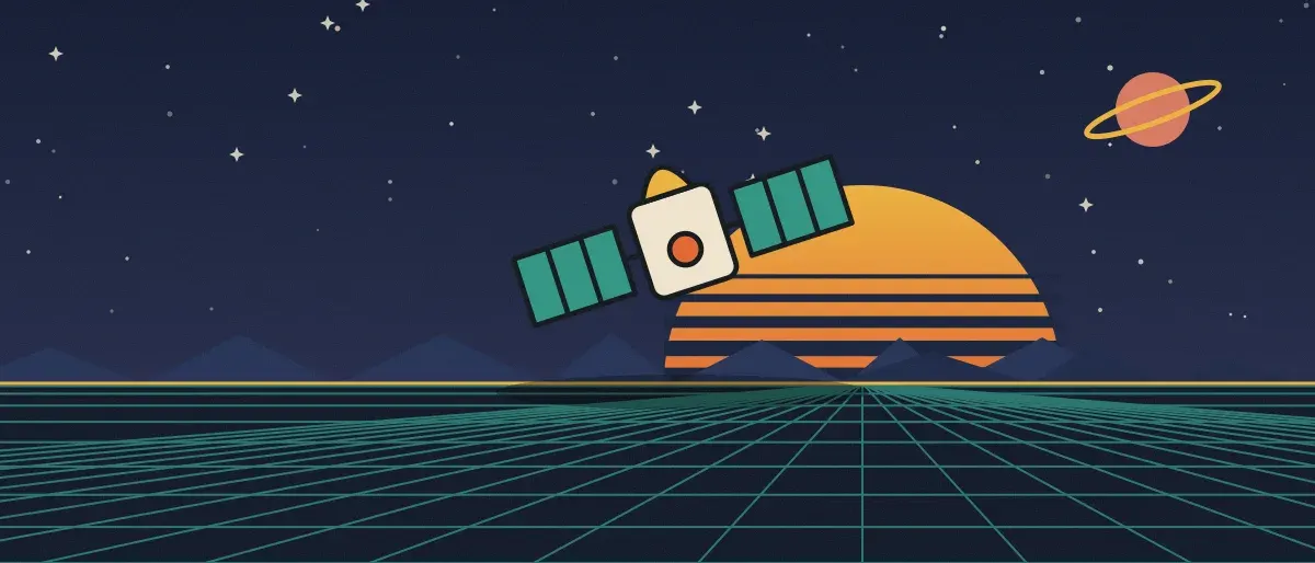 Ilustración retrofuturista: un atardecer a rayas sobre un horizonte de cuadrícula turquesa bajo un cielo nocturno estrellado, con un satélite sobre el horizonte.