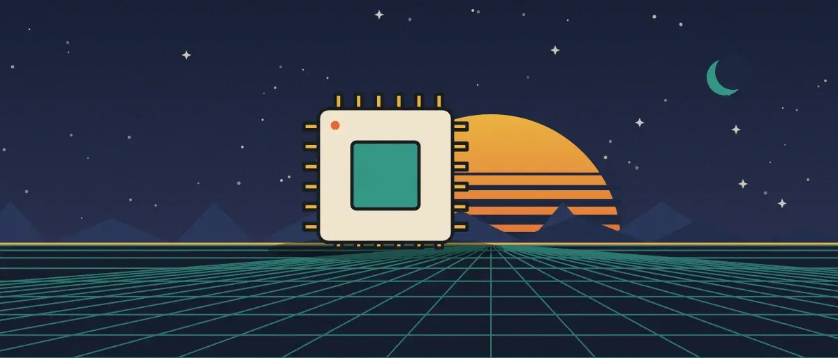 Ilustración retrofuturista: un atardecer a rayas sobre un horizonte de cuadrícula turquesa bajo un cielo nocturno estrellado, con un microchip sobre el horizonte.