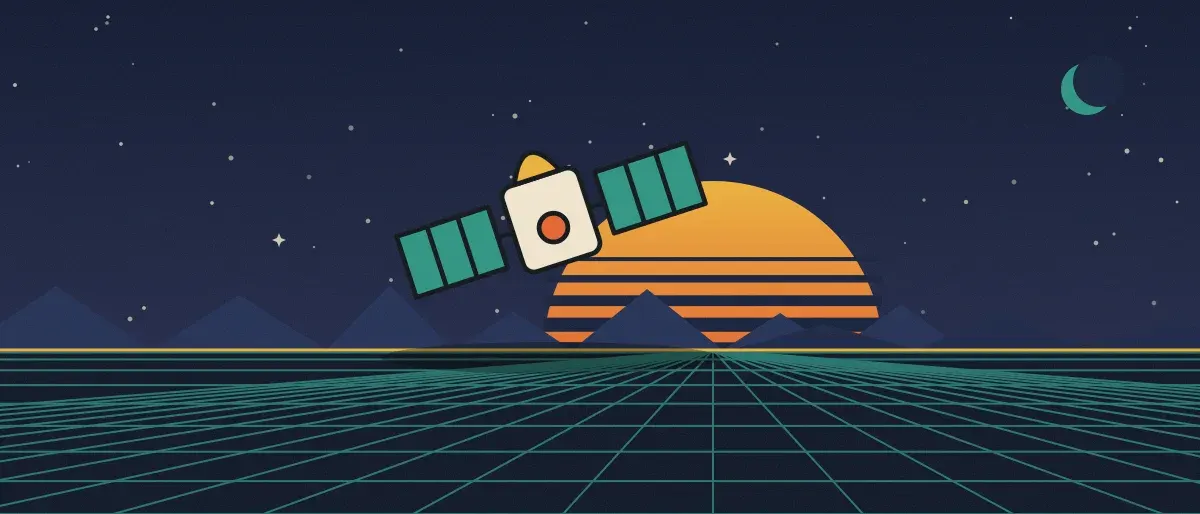 Ilustración retrofuturista: un atardecer a rayas sobre un horizonte de cuadrícula turquesa bajo un cielo nocturno estrellado, con un satélite sobre el horizonte.