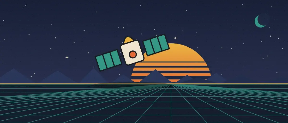 Ilustración retrofuturista: un atardecer a rayas sobre un horizonte de cuadrícula turquesa bajo un cielo nocturno estrellado, con un satélite sobre el horizonte.
