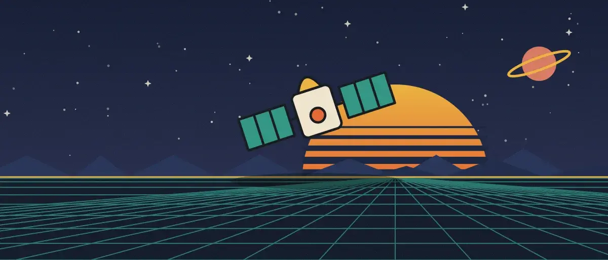 Ilustración retrofuturista: un atardecer a rayas sobre un horizonte de cuadrícula turquesa bajo un cielo nocturno estrellado, con un satélite sobre el horizonte.
