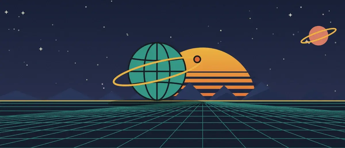 Ilustración retrofuturista: un atardecer a rayas sobre un horizonte de cuadrícula verde azulado bajo un cielo nocturno estrellado, con un globo con anillos en el horizonte.