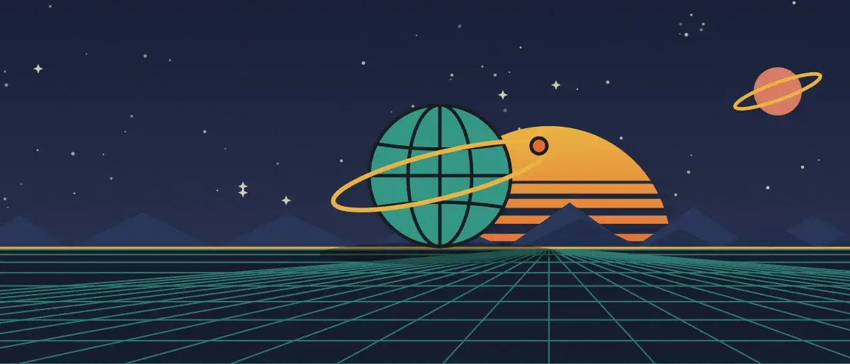 Ilustración retrofuturista: un atardecer a rayas sobre un horizonte de cuadrícula verde azulado bajo un cielo nocturno estrellado, con un globo con anillos en el horizonte.