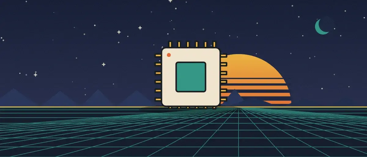 Ilustración retrofuturista: un atardecer a rayas sobre un horizonte de cuadrícula turquesa bajo un cielo nocturno estrellado, con un microchip sobre el horizonte.