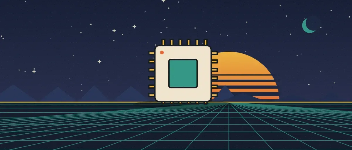 Ilustración retrofuturista: un atardecer a rayas sobre un horizonte de cuadrícula turquesa bajo un cielo nocturno estrellado, con un microchip sobre el horizonte.