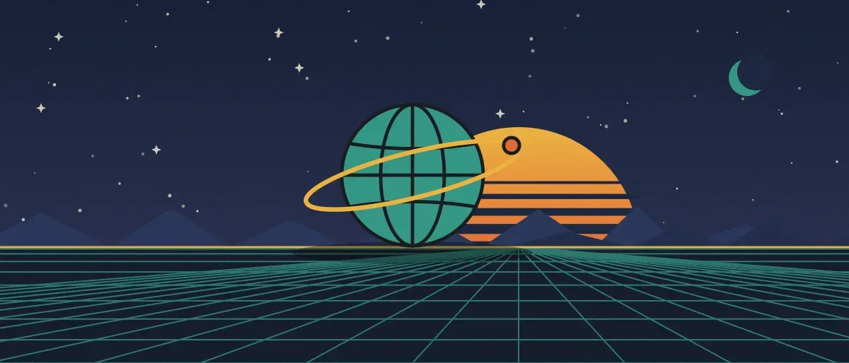 Ilustración retrofuturista: un atardecer a rayas sobre un horizonte de cuadrícula verde azulado bajo un cielo nocturno estrellado, con un globo con anillos en el horizonte.