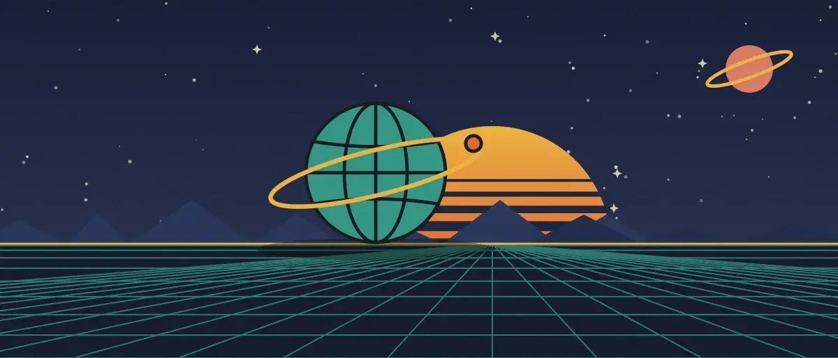 Ilustración retrofuturista: un atardecer a rayas sobre un horizonte de cuadrícula verde azulado bajo un cielo nocturno estrellado, con un globo con anillos en el horizonte.