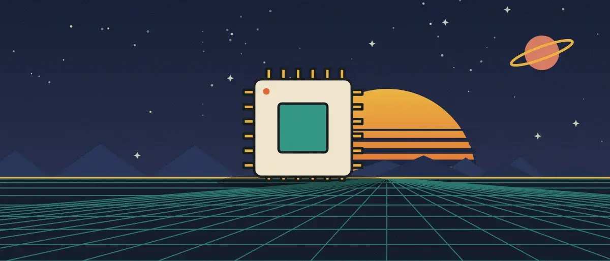 Ilustración retrofuturista: un atardecer a rayas sobre un horizonte de cuadrícula turquesa bajo un cielo nocturno estrellado, con un microchip sobre el horizonte.