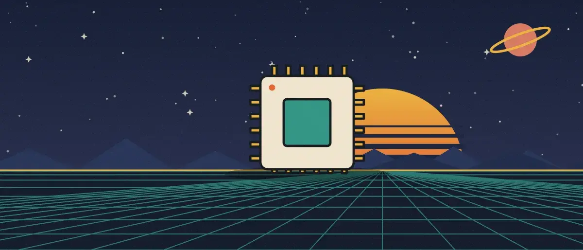 Ilustración retrofuturista: un atardecer a rayas sobre un horizonte de cuadrícula turquesa bajo un cielo nocturno estrellado, con un microchip sobre el horizonte.