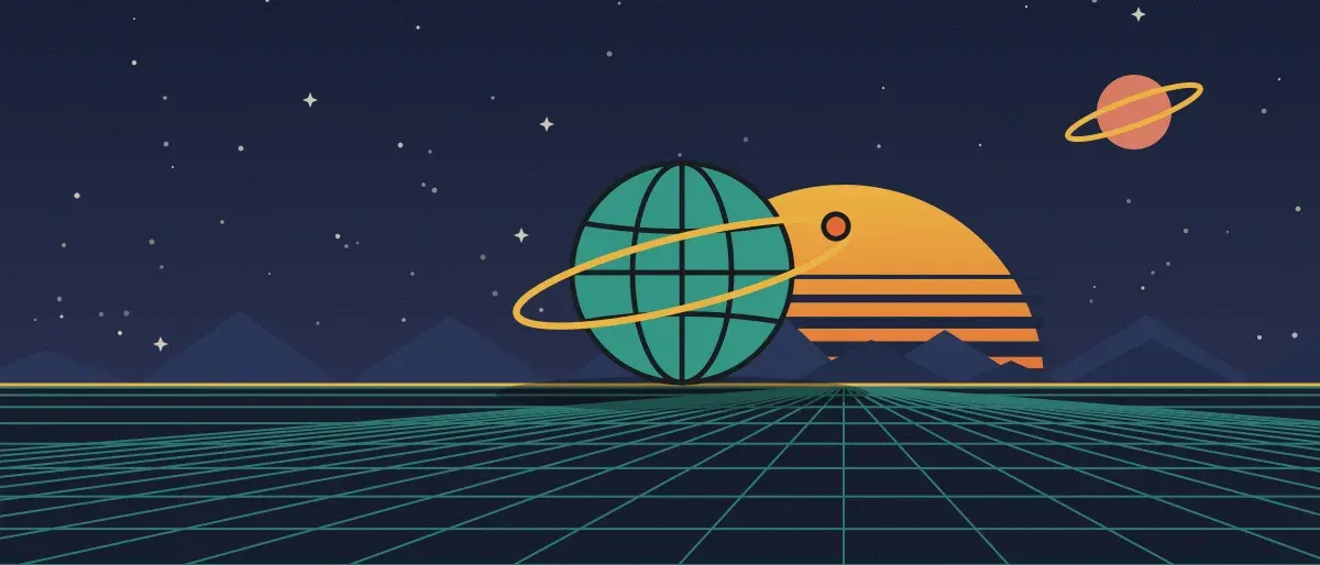 Ilustración retrofuturista: un atardecer a rayas sobre un horizonte de cuadrícula verde azulado bajo un cielo nocturno estrellado, con un globo con anillos en el horizonte.