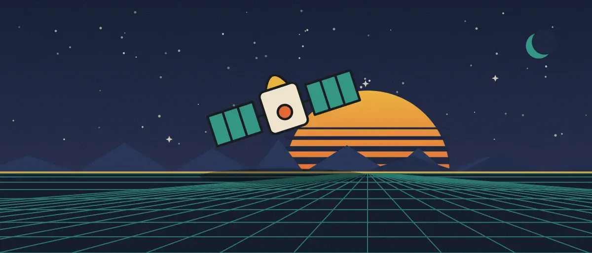 Ilustración retrofuturista: un atardecer a rayas sobre un horizonte de cuadrícula turquesa bajo un cielo nocturno estrellado, con un satélite sobre el horizonte.