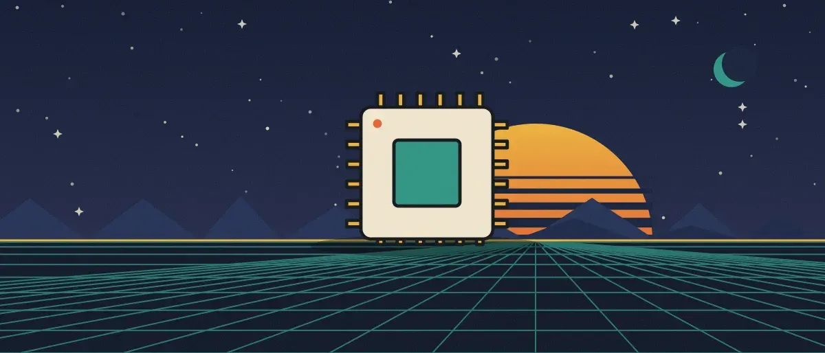 Ilustración retrofuturista: un atardecer a rayas sobre un horizonte de cuadrícula turquesa bajo un cielo nocturno estrellado, con un microchip sobre el horizonte.