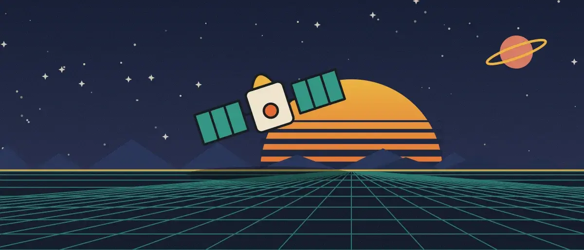 Ilustración retrofuturista: un atardecer a rayas sobre un horizonte de cuadrícula turquesa bajo un cielo nocturno estrellado, con un satélite sobre el horizonte.
