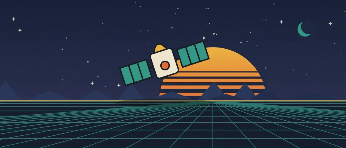 Ilustración retrofuturista: un atardecer a rayas sobre un horizonte de cuadrícula turquesa bajo un cielo nocturno estrellado, con un satélite sobre el horizonte.