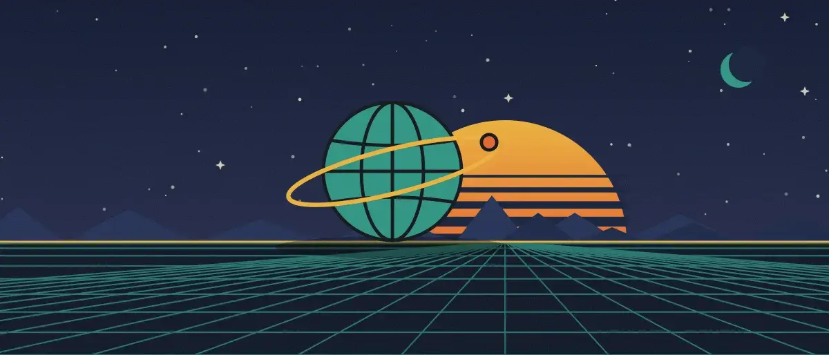 Ilustración retrofuturista: un atardecer a rayas sobre un horizonte de cuadrícula verde azulado bajo un cielo nocturno estrellado, con un globo con anillos en el horizonte.