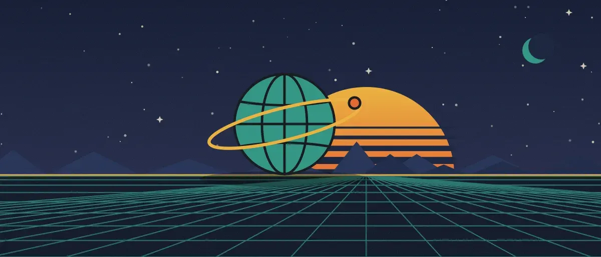 Ilustración retrofuturista: un atardecer a rayas sobre un horizonte de cuadrícula verde azulado bajo un cielo nocturno estrellado, con un globo con anillos en el horizonte.