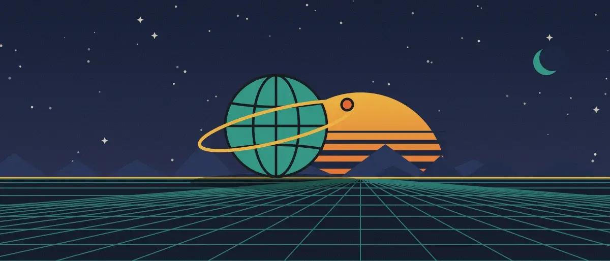 Ilustración retrofuturista: un atardecer a rayas sobre un horizonte de cuadrícula verde azulado bajo un cielo nocturno estrellado, con un globo con anillos en el horizonte.