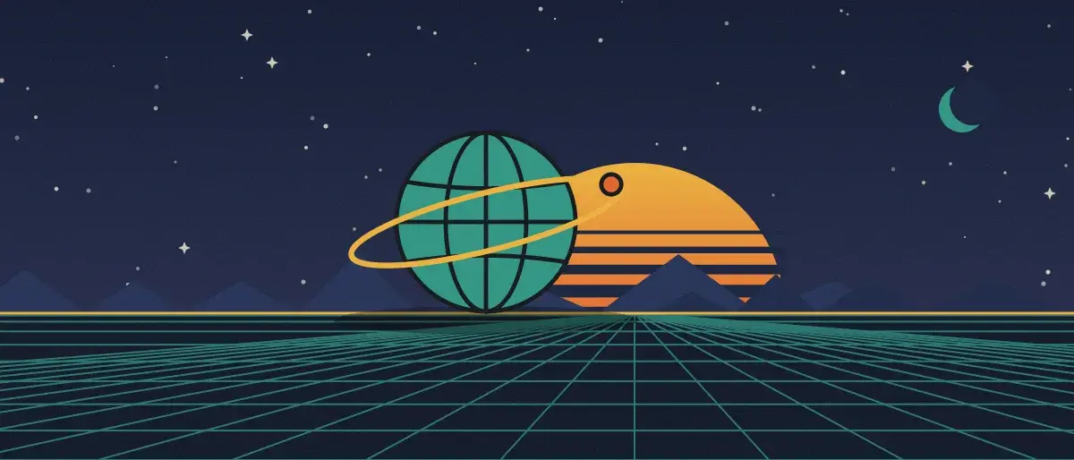 Retro-futurist illustration: a striped sunset over a teal grid horizon under a starry night sky, with a ringed globe standing on the horizon.