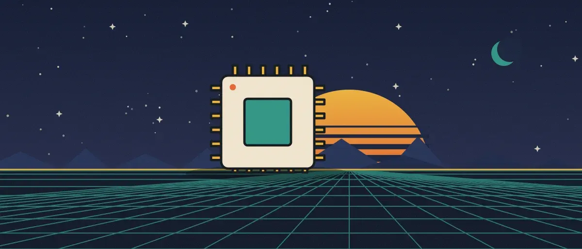 Ilustración retrofuturista: un atardecer a rayas sobre un horizonte de cuadrícula turquesa bajo un cielo nocturno estrellado, con un microchip sobre el horizonte.