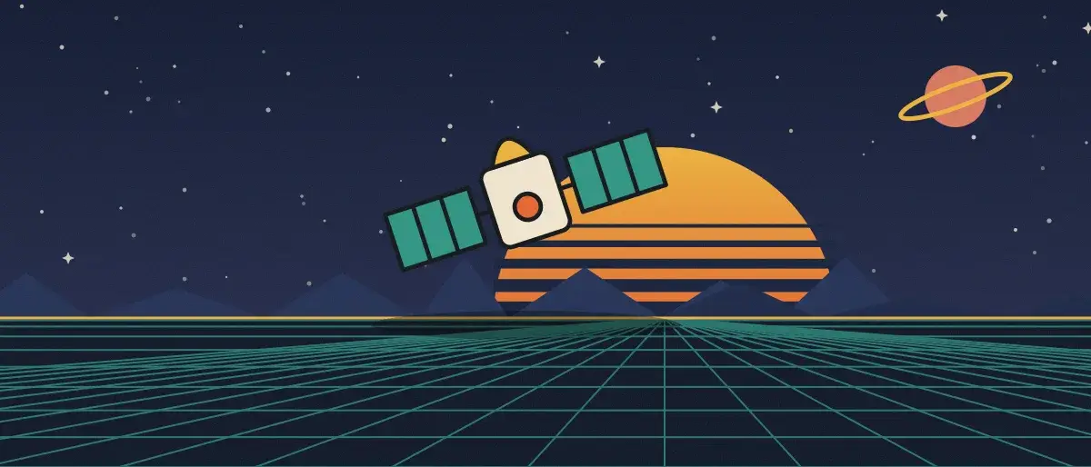 Ilustración retrofuturista: un atardecer a rayas sobre un horizonte de cuadrícula turquesa bajo un cielo nocturno estrellado, con un satélite sobre el horizonte.