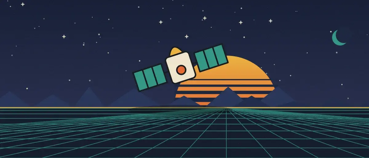Ilustración retrofuturista: un atardecer a rayas sobre un horizonte de cuadrícula turquesa bajo un cielo nocturno estrellado, con un satélite sobre el horizonte.