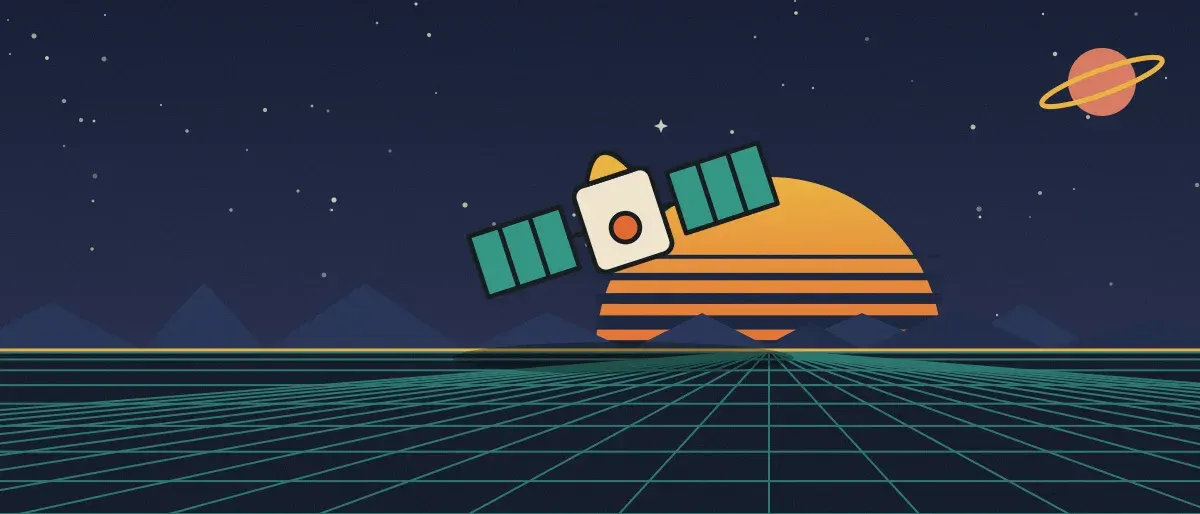 Ilustración retrofuturista: un atardecer a rayas sobre un horizonte de cuadrícula turquesa bajo un cielo nocturno estrellado, con un satélite sobre el horizonte.