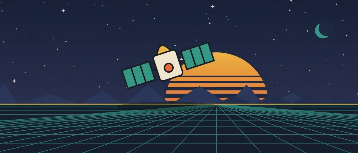 Ilustración retrofuturista: un atardecer a rayas sobre un horizonte de cuadrícula turquesa bajo un cielo nocturno estrellado, con un satélite sobre el horizonte.