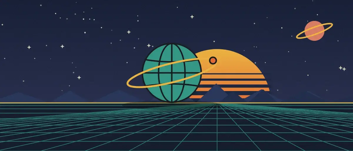Ilustración retrofuturista: un atardecer a rayas sobre un horizonte de cuadrícula verde azulado bajo un cielo nocturno estrellado, con un globo con anillos en el horizonte.