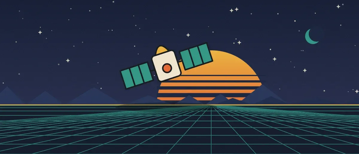 Ilustración retrofuturista: un atardecer a rayas sobre un horizonte de cuadrícula turquesa bajo un cielo nocturno estrellado, con un satélite sobre el horizonte.