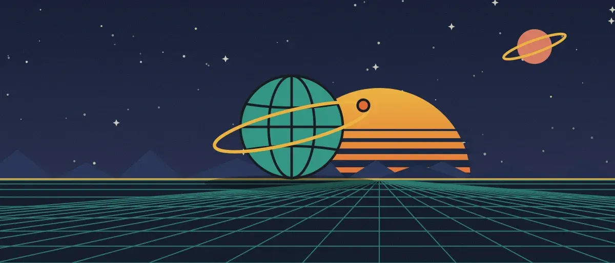 Ilustración retrofuturista: un atardecer a rayas sobre un horizonte de cuadrícula verde azulado bajo un cielo nocturno estrellado, con un globo con anillos en el horizonte.
