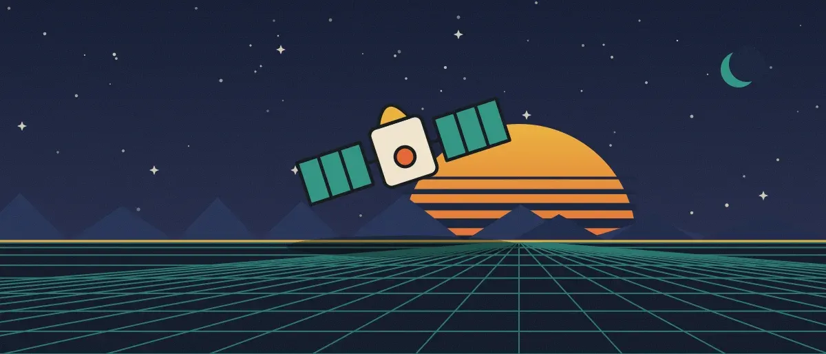 Ilustración retrofuturista: un atardecer a rayas sobre un horizonte de cuadrícula turquesa bajo un cielo nocturno estrellado, con un satélite sobre el horizonte.