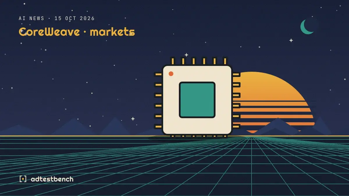 Retro-futurist illustration: a striped sunset over a grid horizon under a starry sky, with a chip motif standing on the horizon.