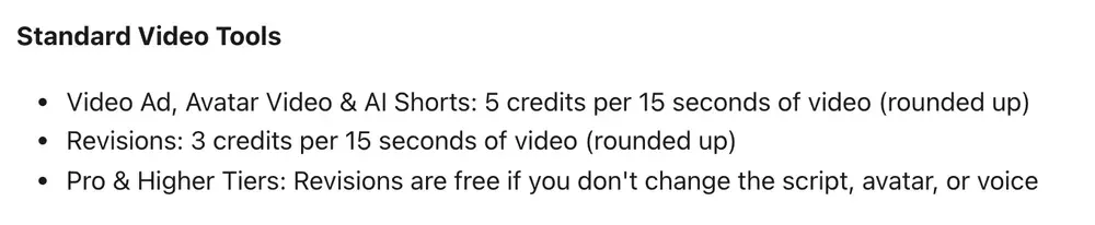Creatify's help centre: Video Ad, Avatar Video and AI Shorts cost 5 credits per 15 seconds of video, rounded up