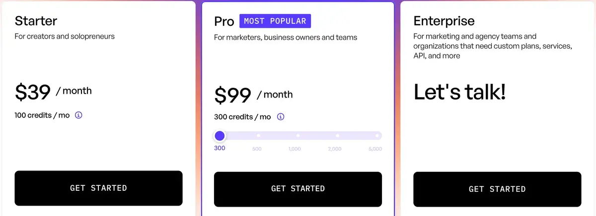 Creatify's pricing page: Starter at $39 a month with 100 credits, Pro at $99 a month with 300 credits, and Enterprise on request