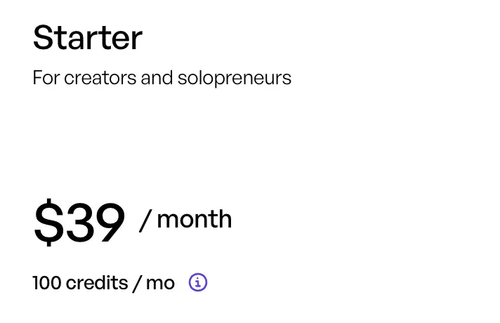 Creatify's Starter plan card: $39 a month and 100 credits a month