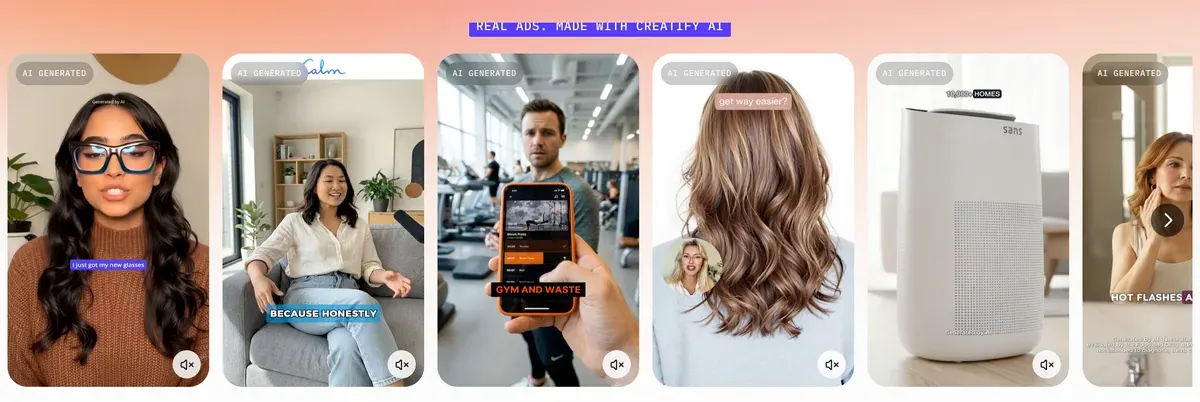 Creatify's URL to video page: a row of vertical ad examples labelled AI generated under the heading Real ads made with Creatify AI, among them an avatar holding glasses, a presenter on a sofa and an air purifier ad