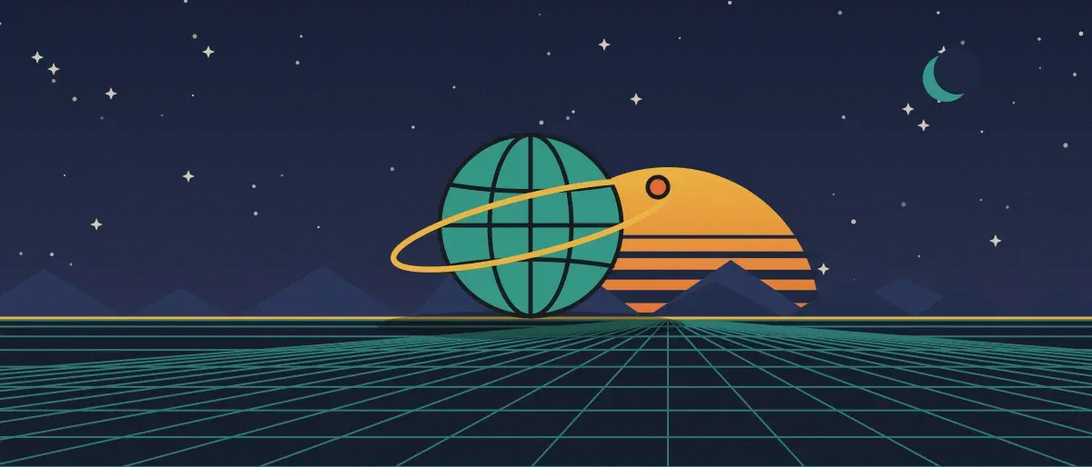 Ilustración retrofuturista: un atardecer a rayas sobre un horizonte de cuadrícula verde azulado bajo un cielo nocturno estrellado, con un globo con anillos en el horizonte.