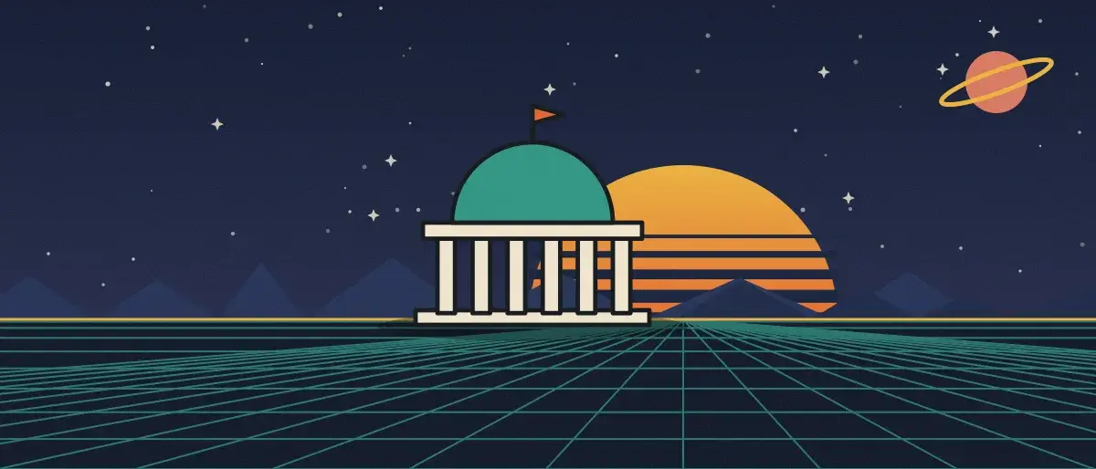 Retro-futurist illustration: a striped sunset over a teal grid horizon under a starry night sky, with a domed building with columns standing on the horizon.