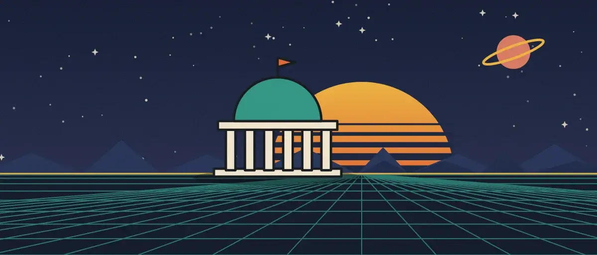 Retro-futurist illustration: a striped sunset over a teal grid horizon under a starry night sky, with a domed building with columns standing on the horizon.