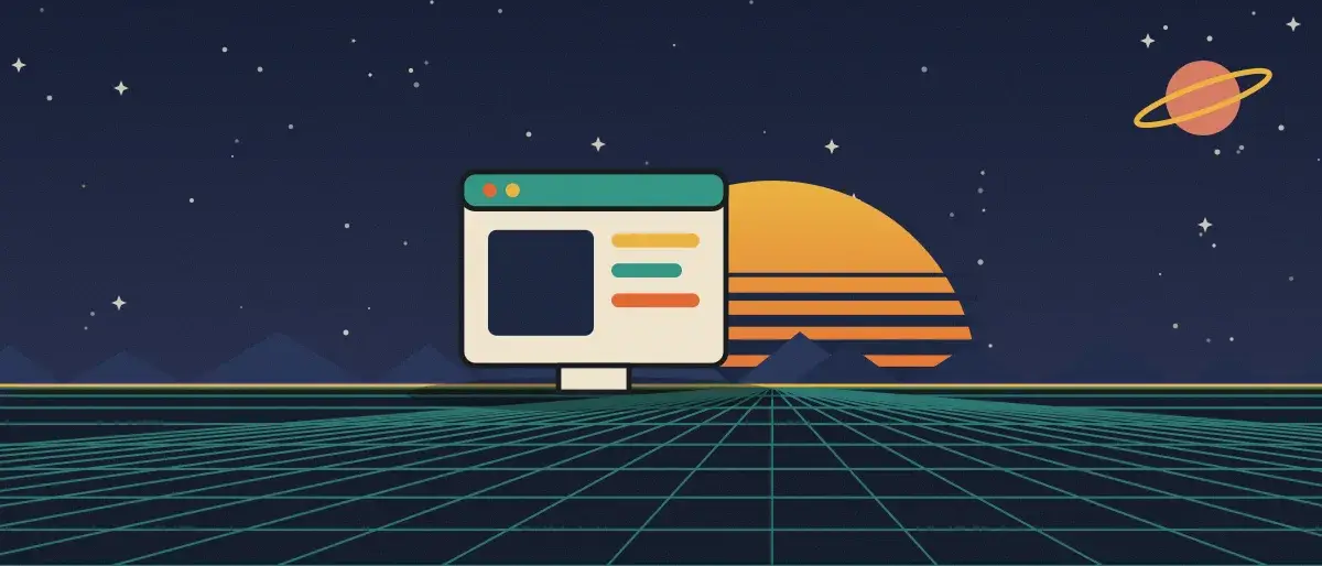 Ilustración retrofuturista: un atardecer a rayas sobre un horizonte de cuadrícula verde azulado bajo un cielo nocturno estrellado, con la ventana de una aplicación en el horizonte.