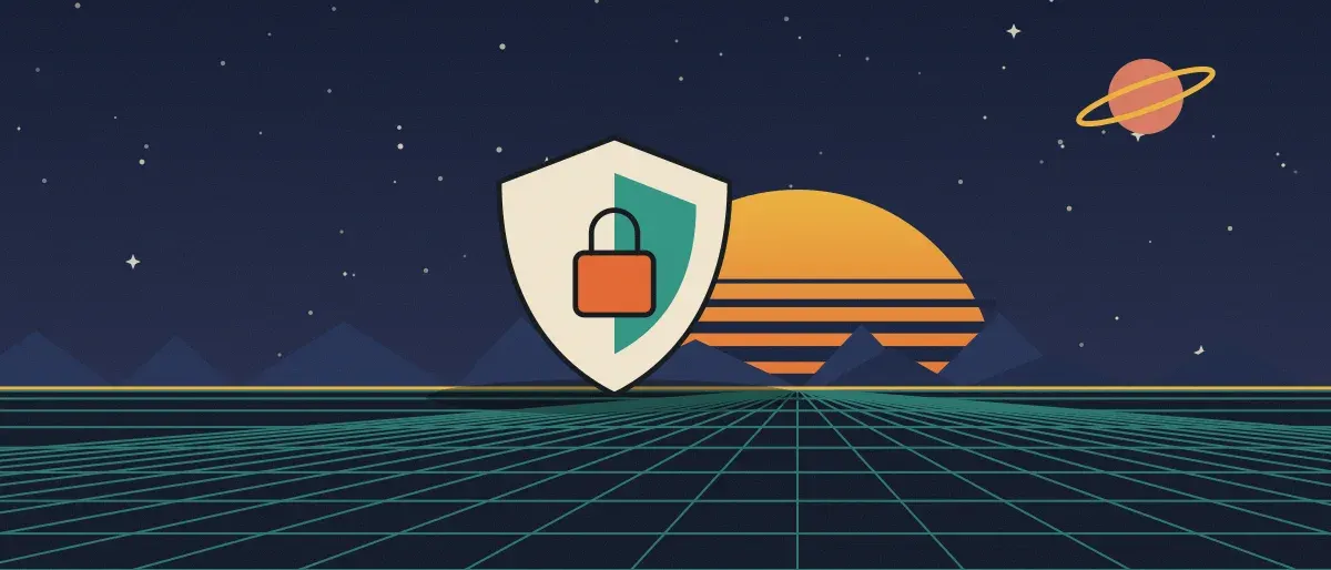 Illustration rétrofuturiste : un coucher de soleil rayé au-dessus d’une grille turquoise à l’horizon, sous un ciel étoilé, avec un bouclier à cadenas posé sur l’horizon.