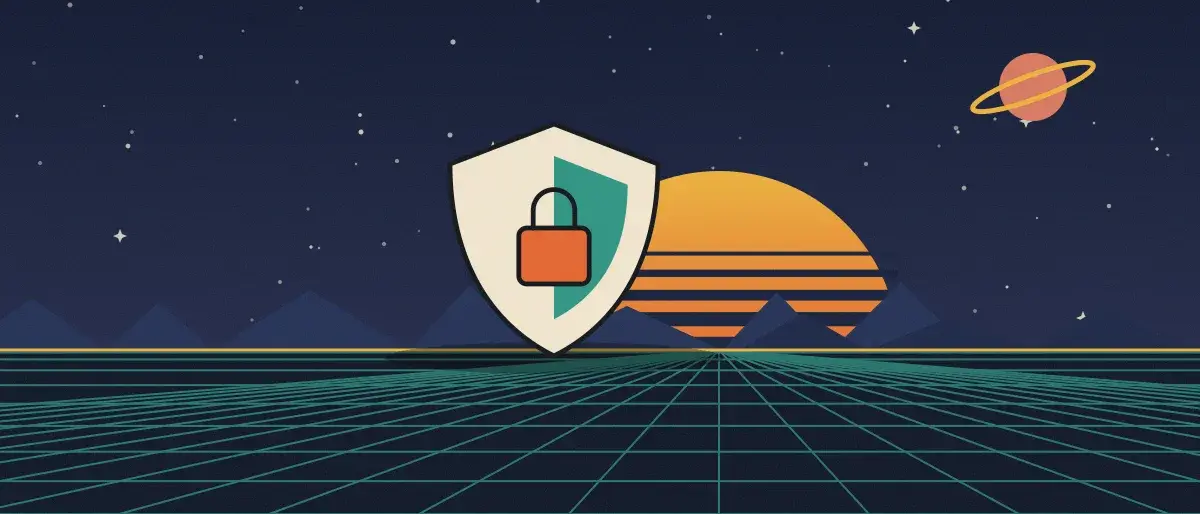 Retro-futurist illustration: a striped sunset over a teal grid horizon under a starry night sky, with a shield with a padlock standing on the horizon.