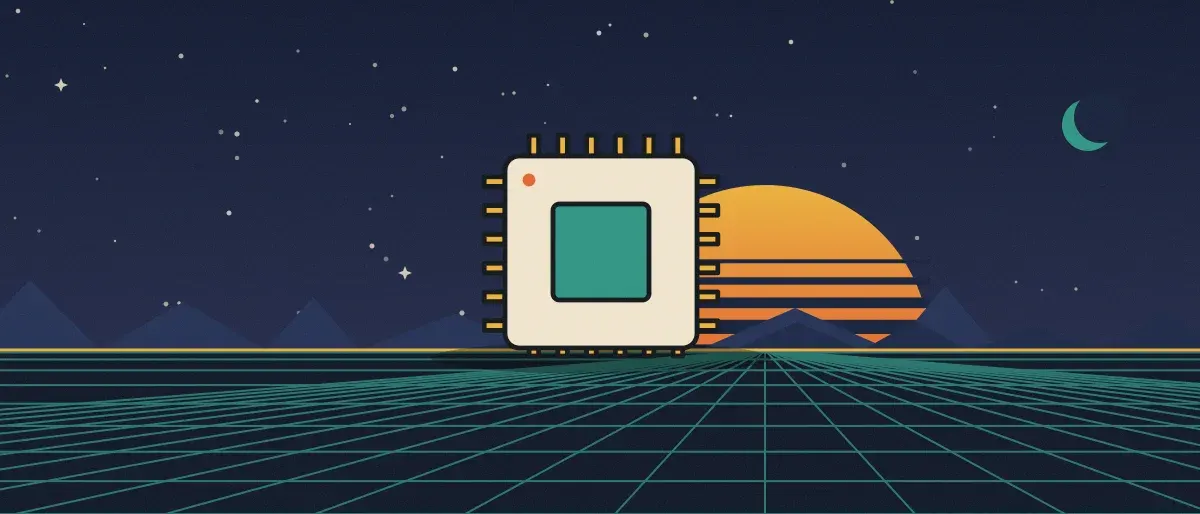 Ilustración retrofuturista: un atardecer a rayas sobre un horizonte de cuadrícula turquesa bajo un cielo nocturno estrellado, con un microchip sobre el horizonte.