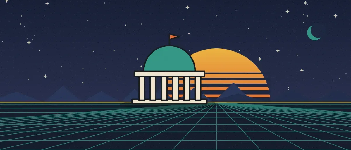 復古未來風插畫：星空夜幕下，青綠色格線地平線上方掛著條紋夕陽，地平線上立著一棟有圓頂與立柱的建築。