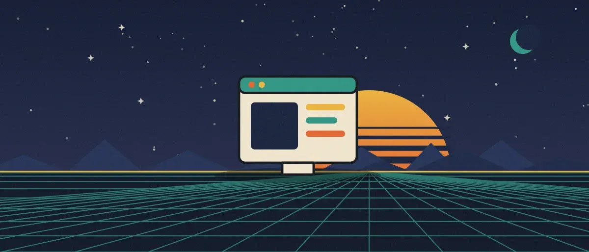 Ilustración retrofuturista: un atardecer a rayas sobre un horizonte de cuadrícula verde azulado bajo un cielo nocturno estrellado, con la ventana de una aplicación en el horizonte.