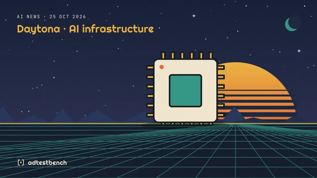 Retro-futurist illustration: a striped sunset over a grid horizon under a starry sky, with a microchip standing on the horizon.